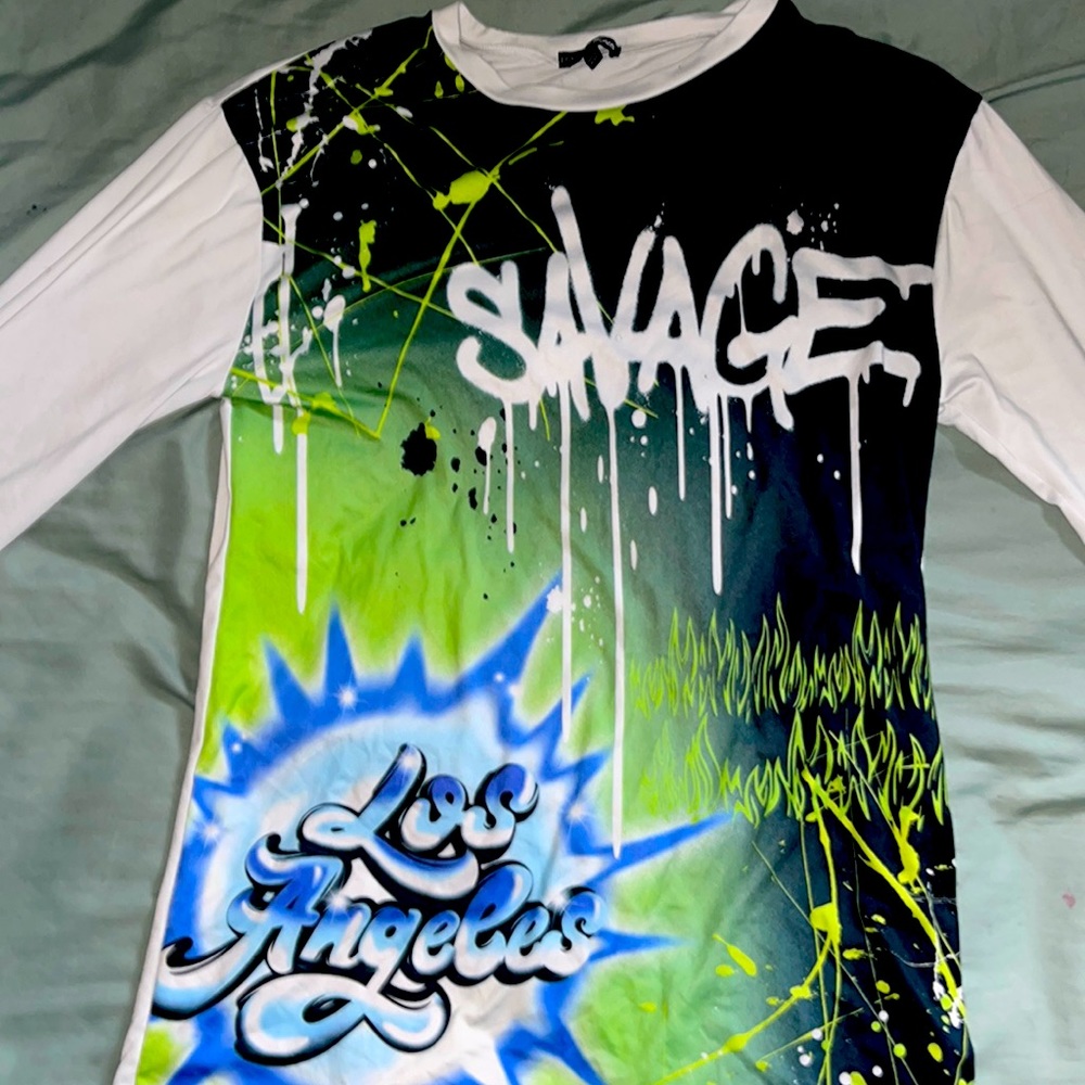 Fashion Nova Large long sleeve white shirt with green, blue and black designs.